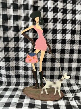Hand-Painted Metal Figurine of Woman Walking Dog - Pink Dress 1960s